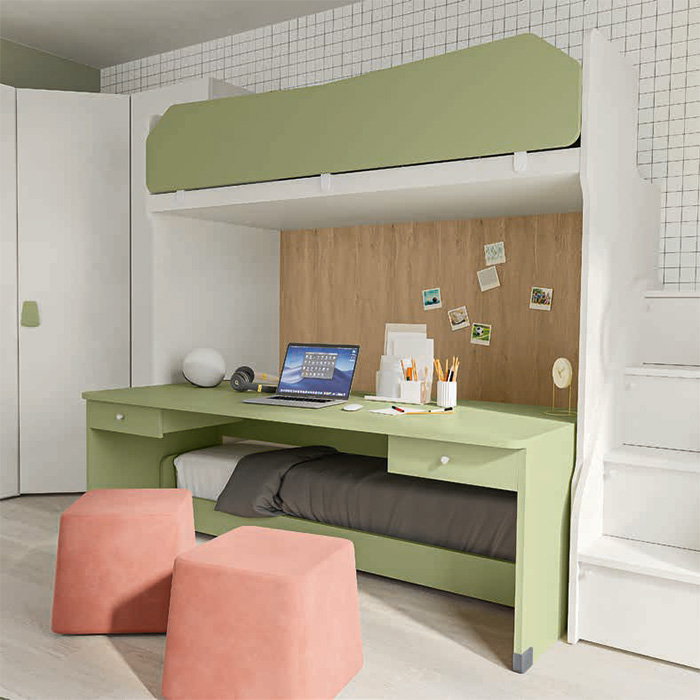 Cameretta con a letto castello e armadio angolare, finitura Cemento artico, Oliva e Royal oak