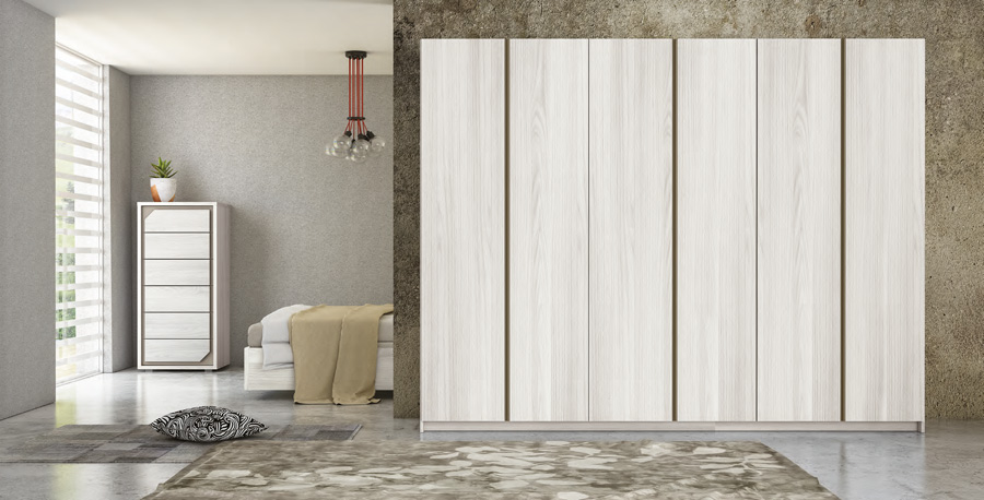 Armadio 6 ante battenti, Olmo Bianco con dettagli visone, Made in Italy