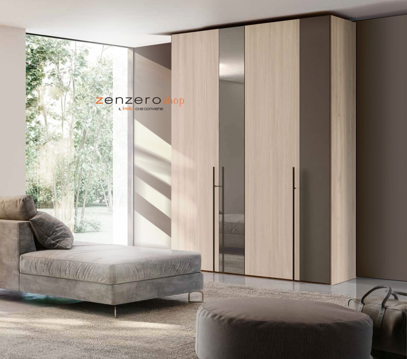 Armadio camera da letto 4 ante battenti in Bronzo e Olmo natura con inserto Specchio