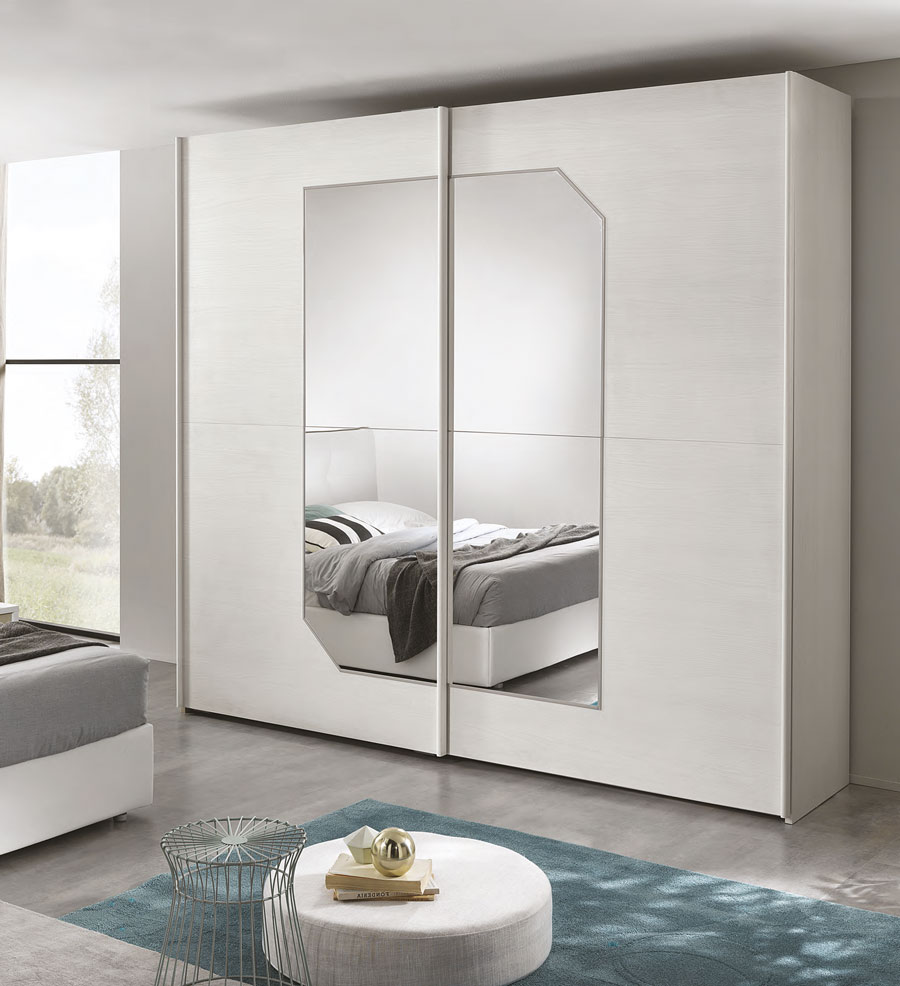 Armadio 2 ante scorrevoli con specchio sagomato, finitura Olmo Bianco