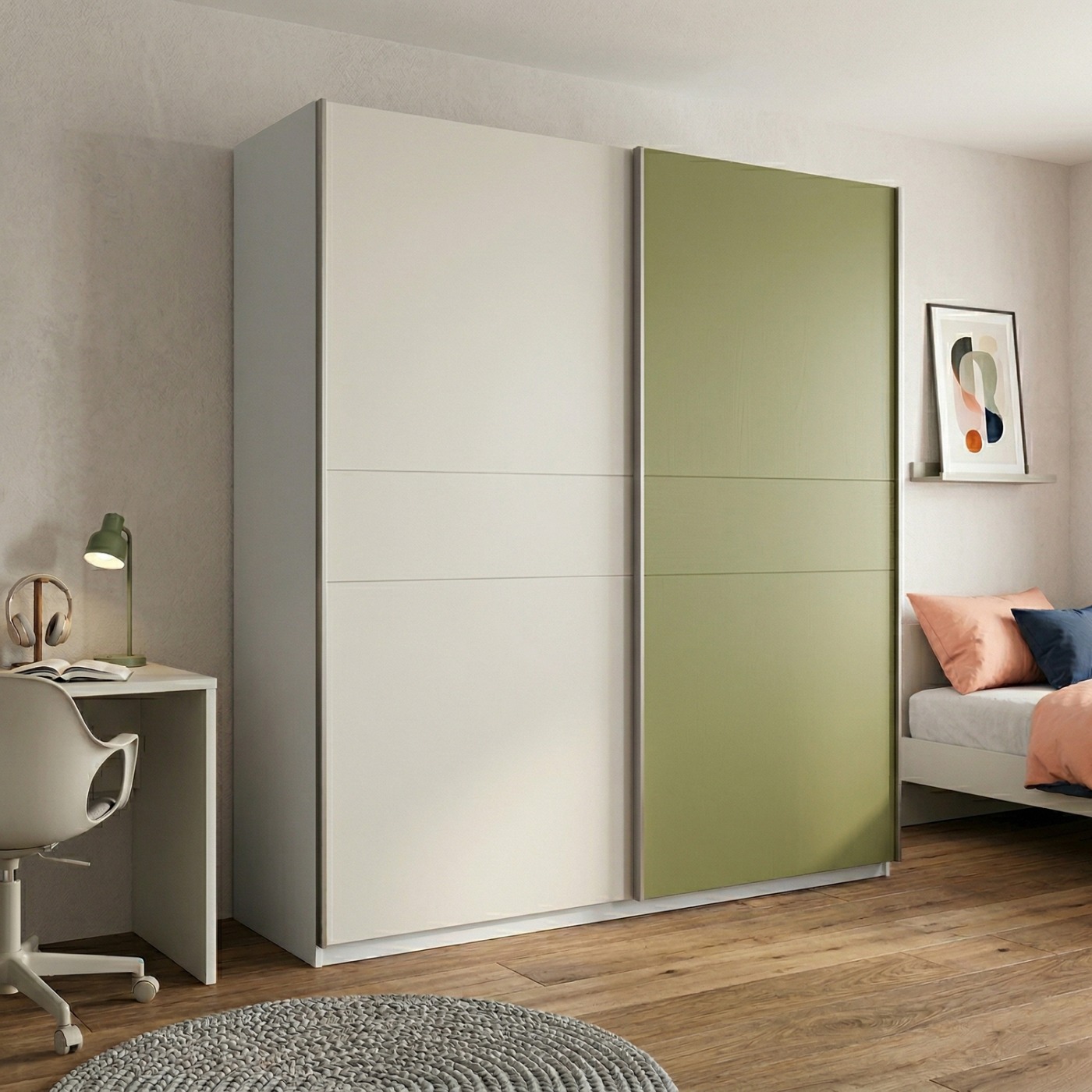 Armadio 2 ante scorrevoli, Bianco opaco, Gesso e Pistacchio, L.220