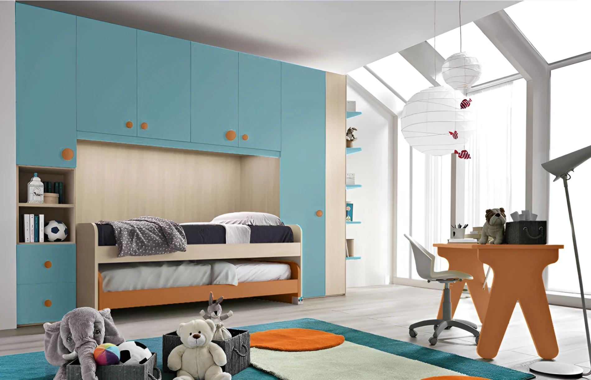 Cameretta a ponte con due letti, finitura Rovere ambra, Terracotta e Celeste