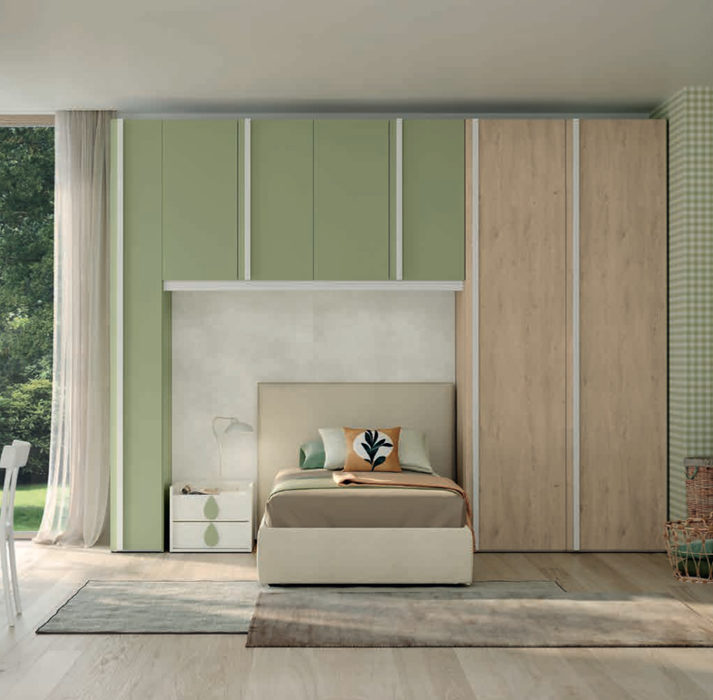 Cameretta ponte con scrivania, finitura Cemento artico, Royal oak e Oliva