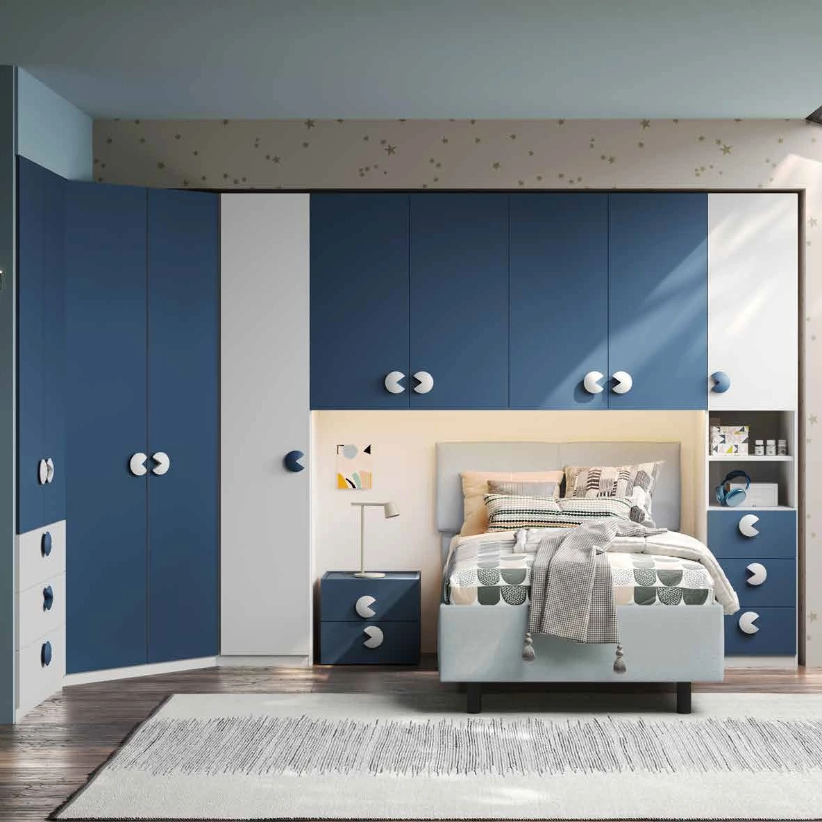 Armadio a ponte con angolo, Bianco opaco e Blu navy, L.410 x 213