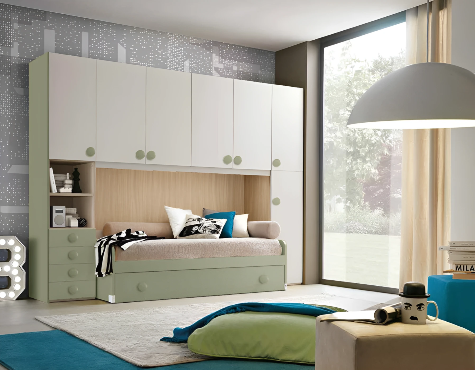 Cameretta ponte H.226, finitura Rovere ambra, Salvia e Nebbia