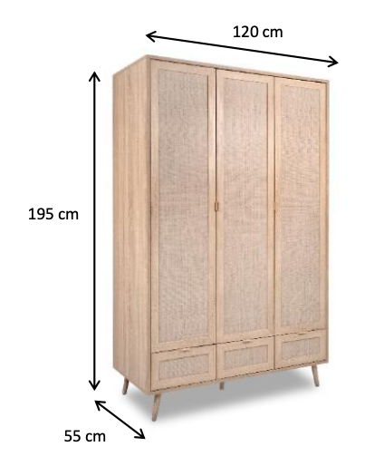 Armadio multiuso 3 ante 3 cassetti in finitura Quercia con pannello effetto Rafia
