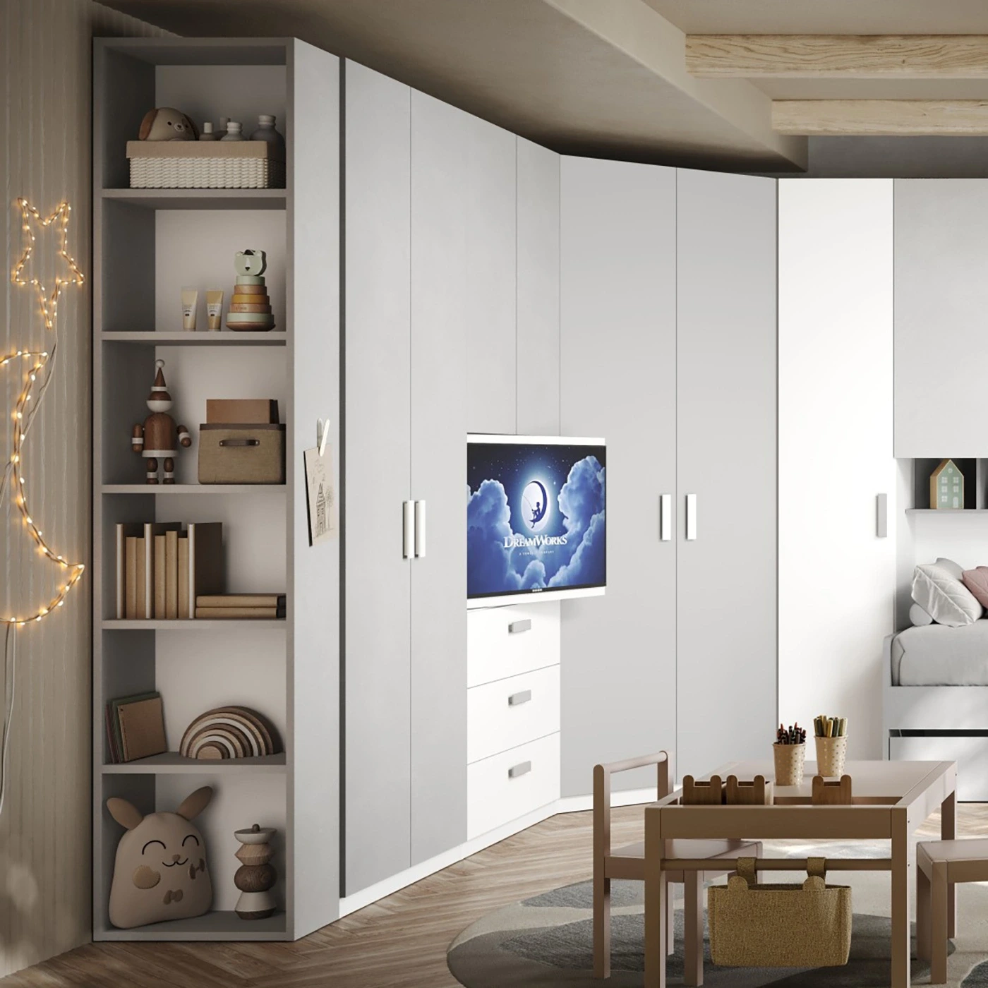 Armadio con cabina, pannello tv e libreria, Gesso e Bianco opaco