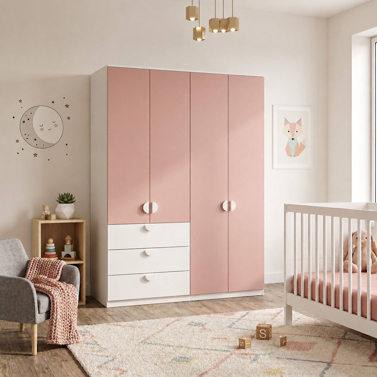 Armadio 4 ante 3 cassetti, Bianco opaco e Flamingo, L.183