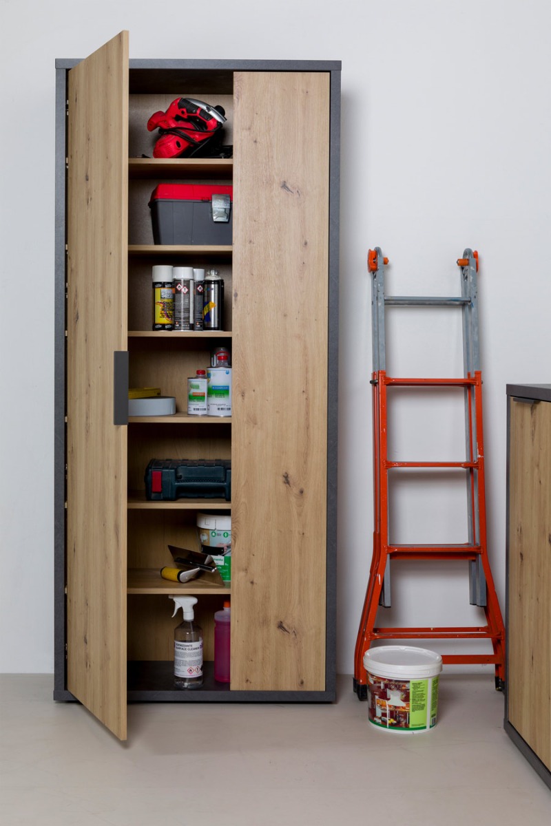 Composizione da ingresso stile industry, finitura Rovere chiaro e grigio smoke, Made in Italy