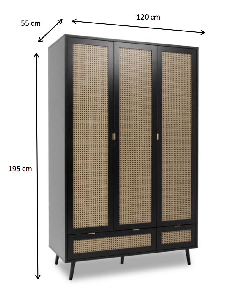Armadio nero a 3 ante battenti e 2 cassetti, dettagli finitura Oro
