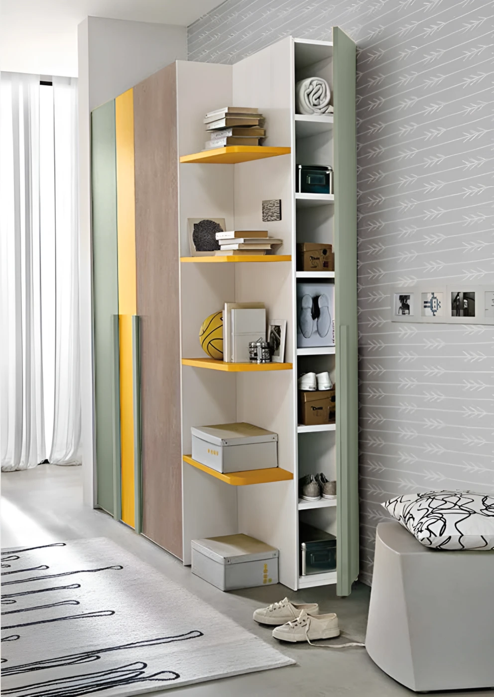 Camera completa per ragazzi in Salvia, Girasole e Gessato canapa