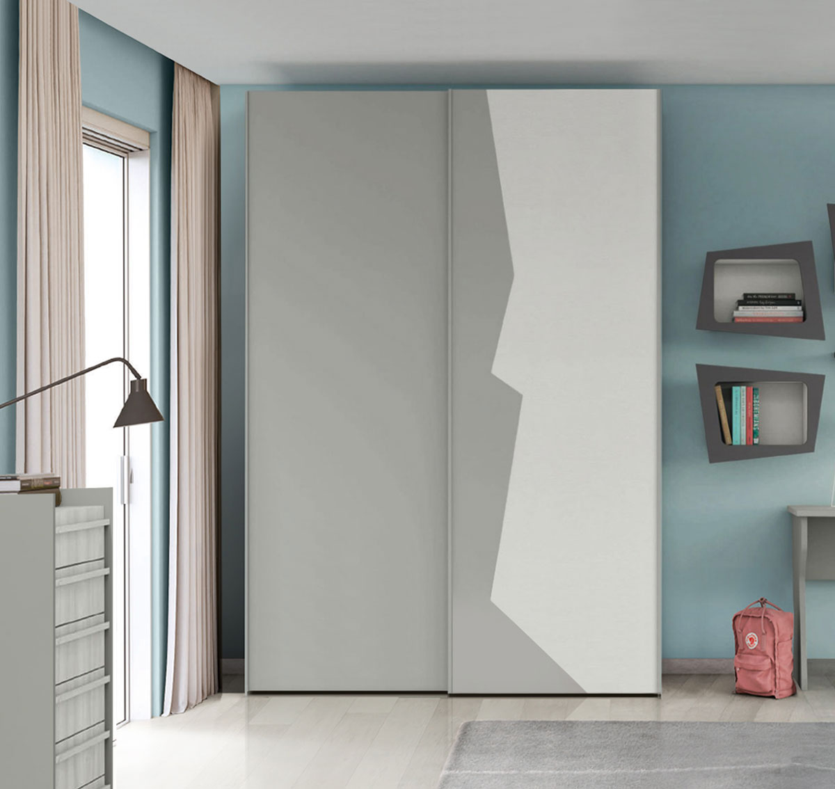 Armadio con 2 ante scorrevoli bicolore in finitura Grigio dorian e Rovere bianco