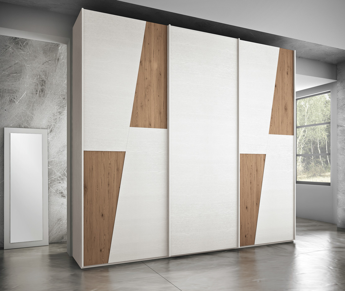 Armadio 3 ante scorrevoli Rovere nordico e Frassinato bianco