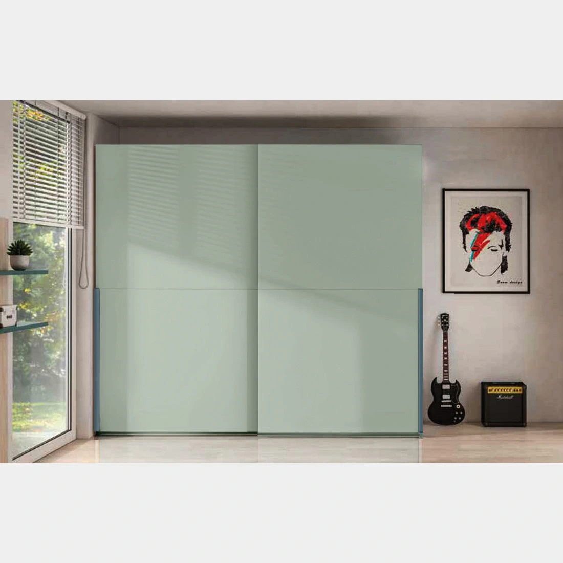 Armadio a 2 ante scorrevoli, finitura Agave e petrolio