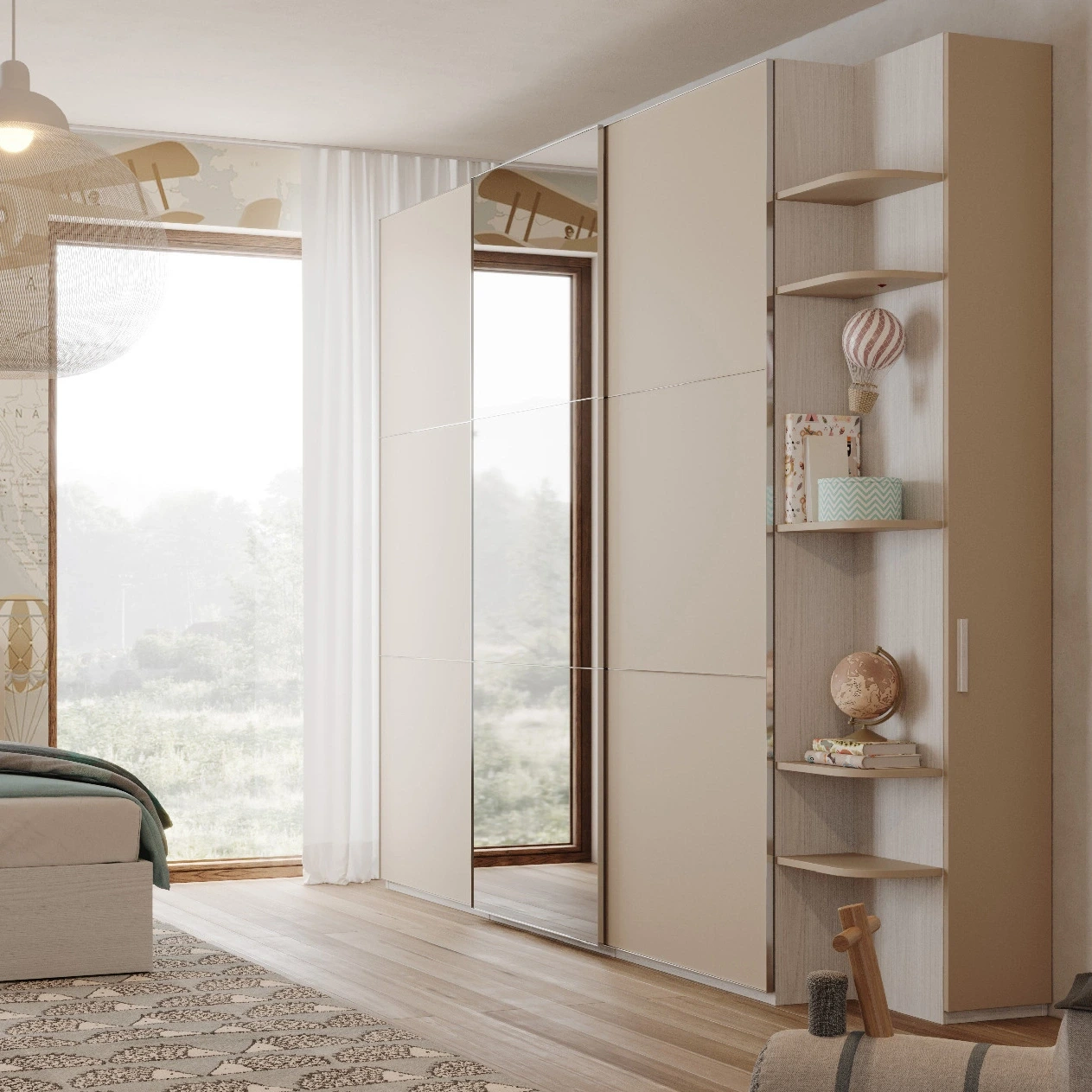 Armadio scorrevole con specchio, 3 ante, Nuvola frassino e Visone Zenzero Shop