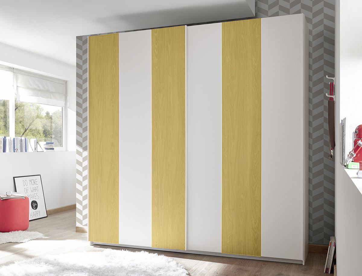 Cameretta moderna con letto imbottito e armadio vertigo GIallo e Bianco