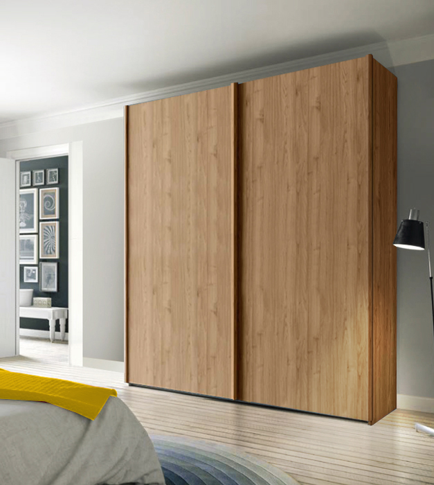 Armadio moderno per camere matrimoniali, 2 ante scorrevoli, finitura Noce Biondo