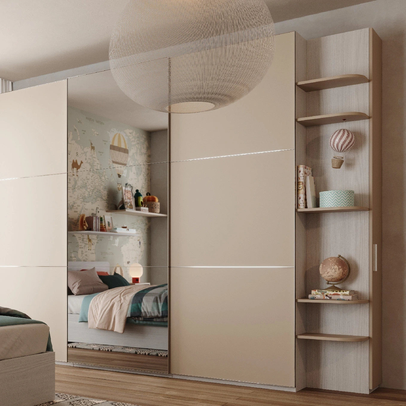 Armadio scorrevole con specchio, 3 ante, Nuvola frassino e Visone Zenzero Shop