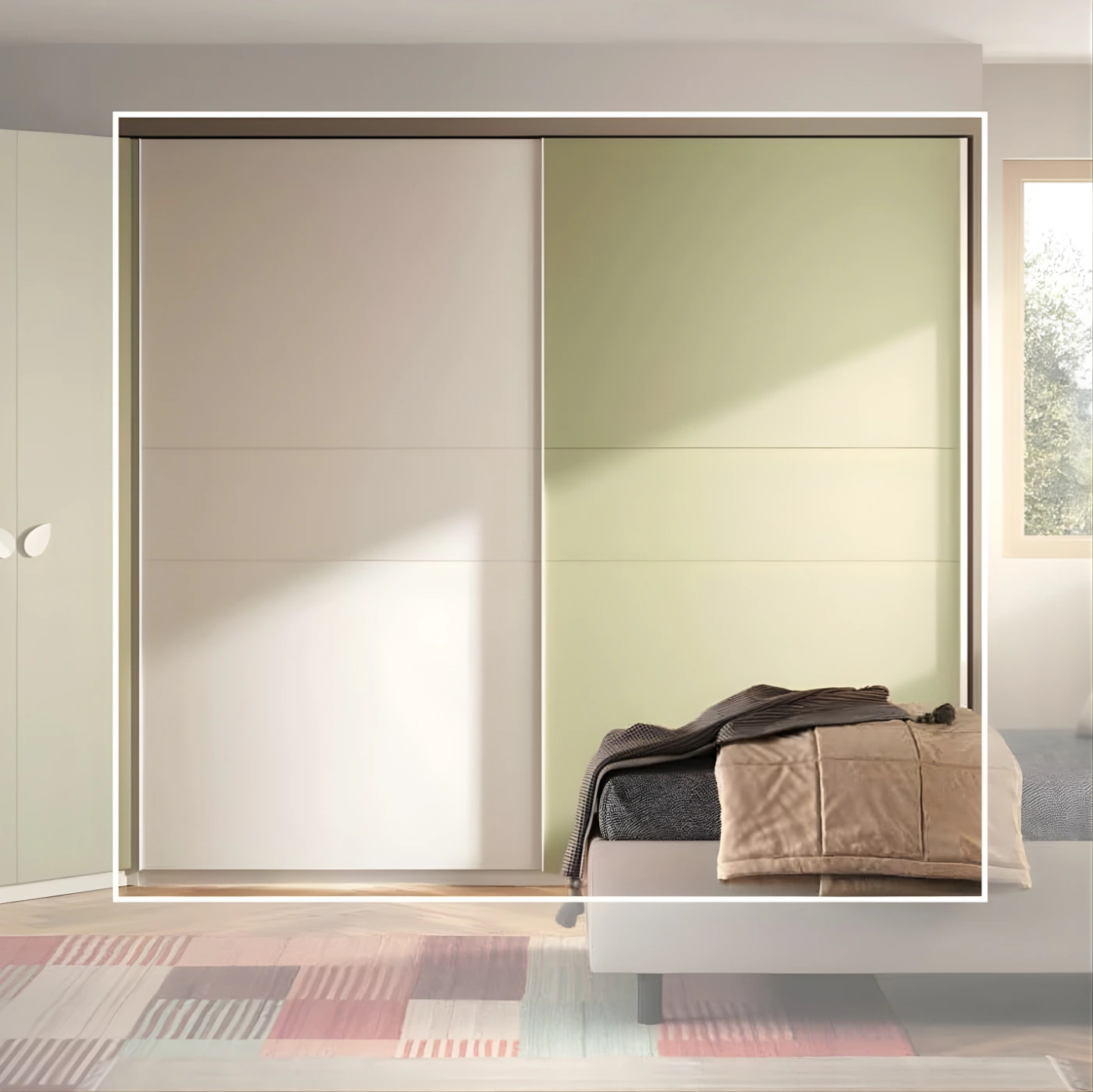 Armadio scorrevole 2 ante, Bianco opaco e Pistacchio, L.220