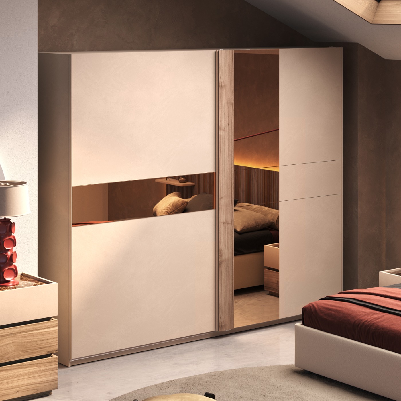 Armadio Cashmere e Noce caramello con specchio, 2 ante scorrevoli