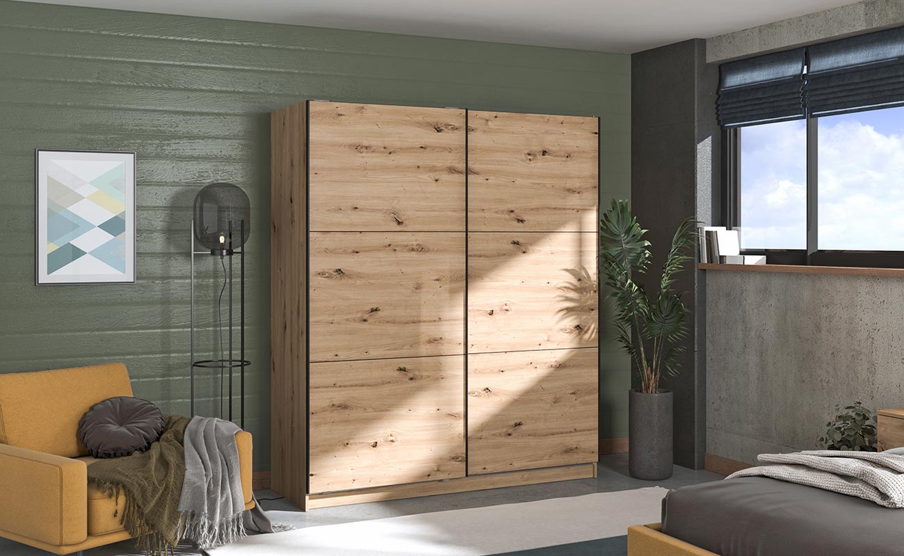 Armadio scorrevole 180 cm, stile industy, finitura Rovere