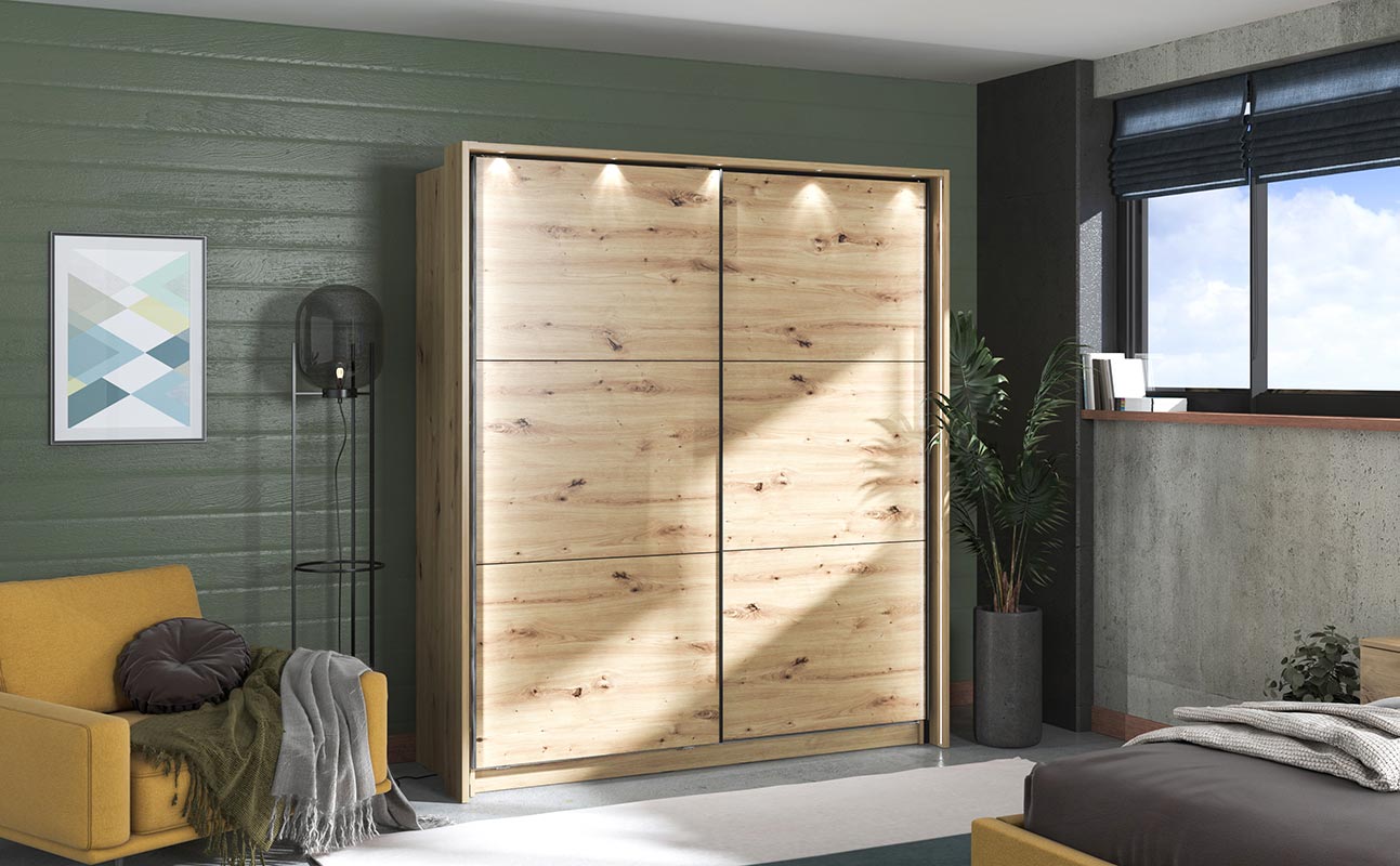 Armadio scorrevole 180 cm, stile industy, finitura Rovere