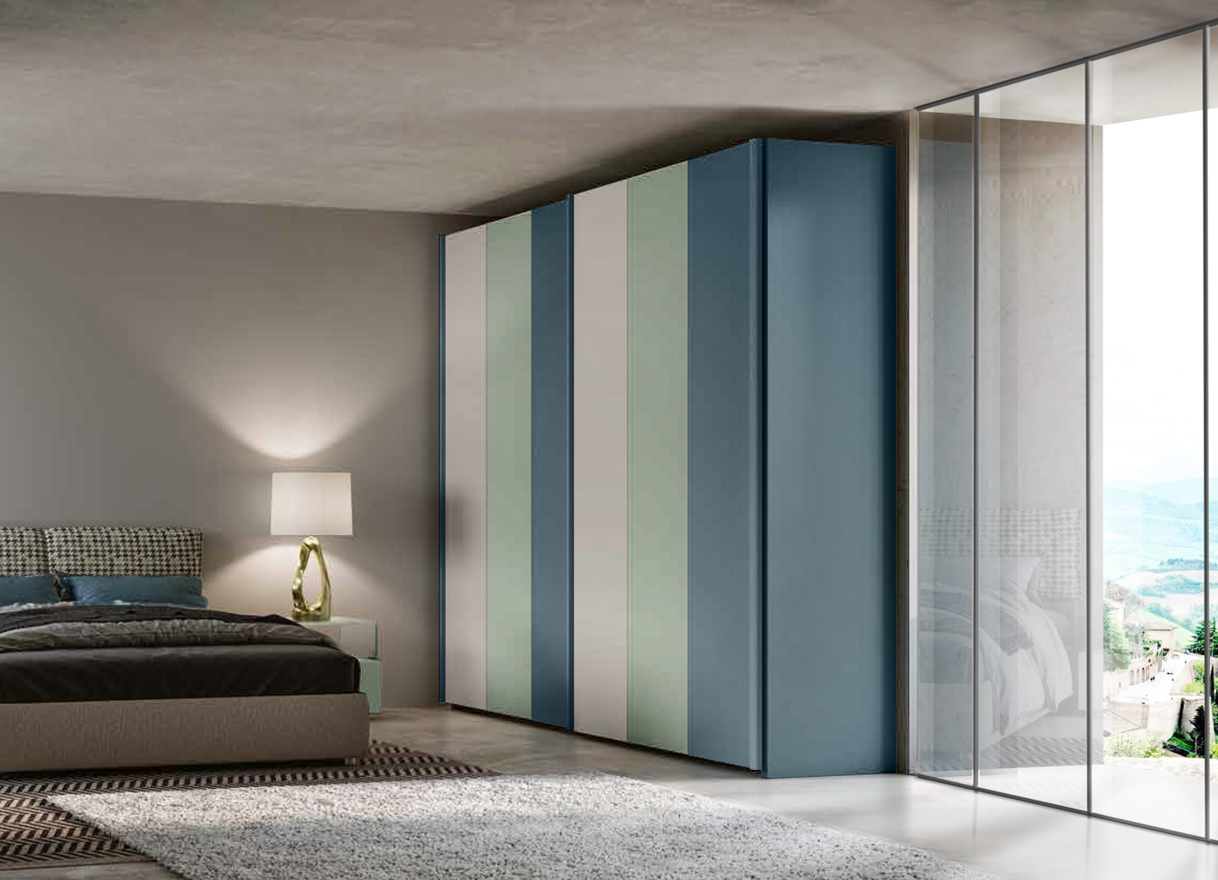 Armadio scorrevole Petrolio, Agave e Grigio seta a 2 ante