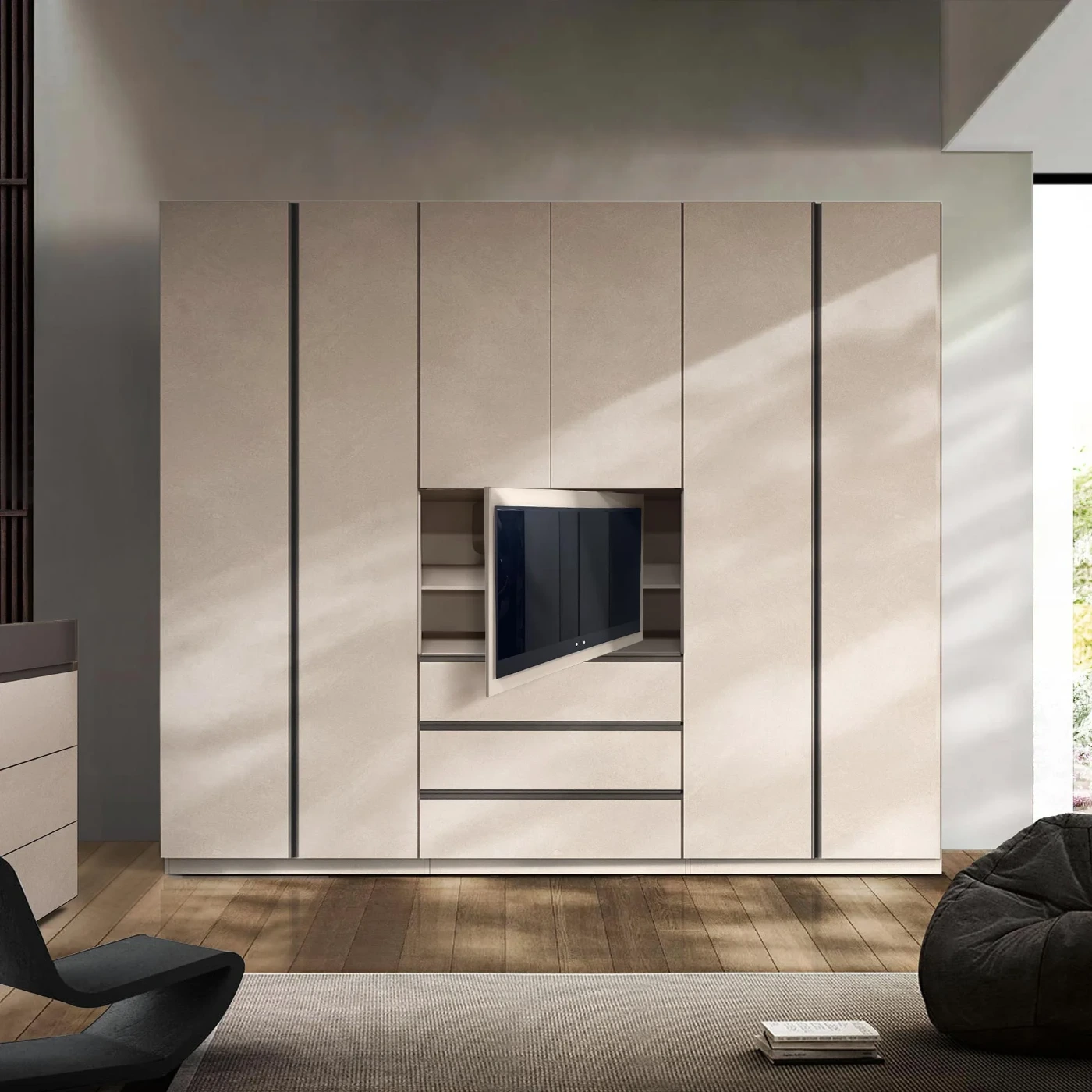 Armadio con tv girevole, finitura cashmere, prevendita a prezzo scontato, spedizione gratuita