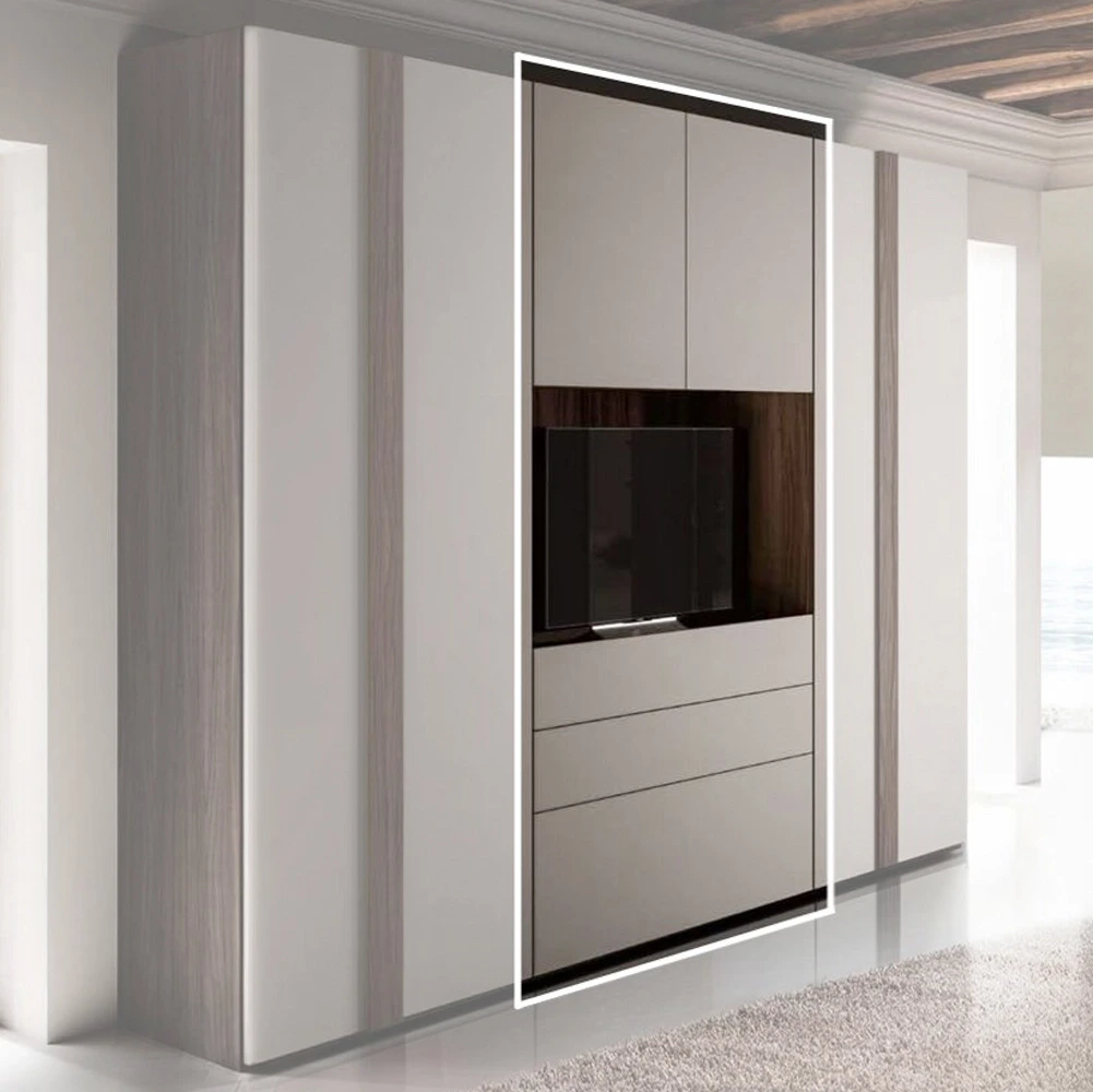 Armadio con vano tv, 2 ante 3 cassetti, Grigio seta e Noce moro