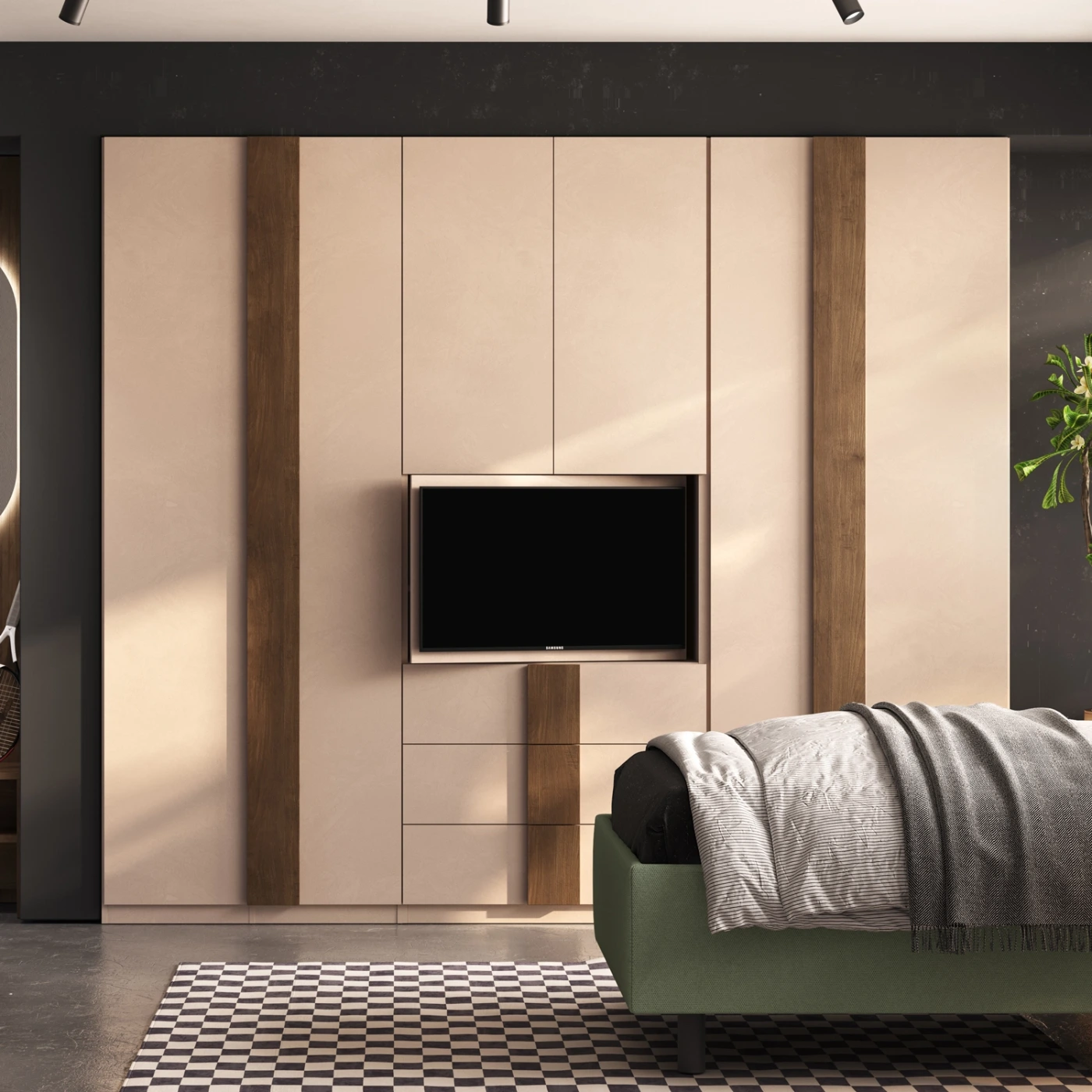 Armadio con vano tv, 6 ante e 3 cassetti, Cashmere e Mercure