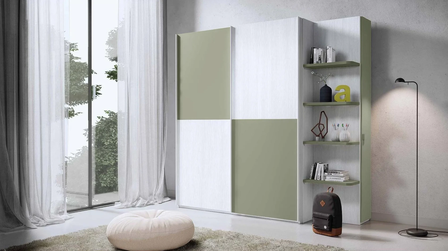 Armadio Salvia e Bianco frassino per camerette, due ante scorrevoli