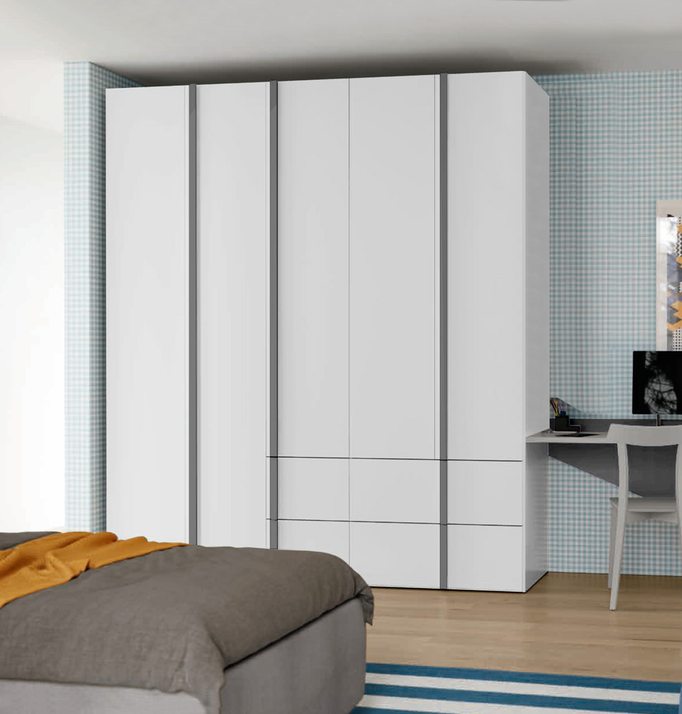 Armadio battente Bianco opaco, 5 ante e 4 cassetti