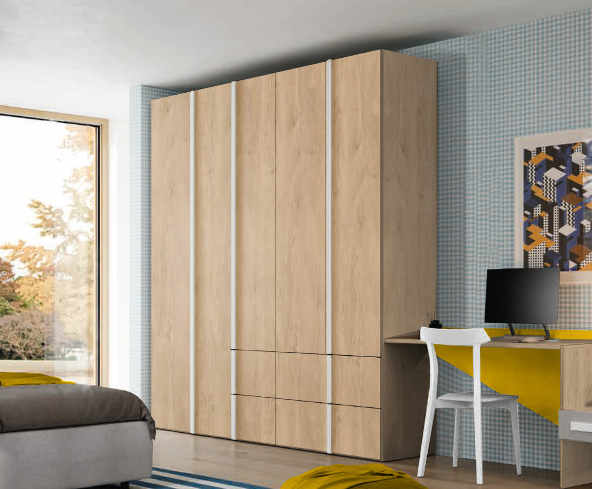 Armadio Royal oak e Bianco opaco per camerette, 5 ante e 4 cassetti