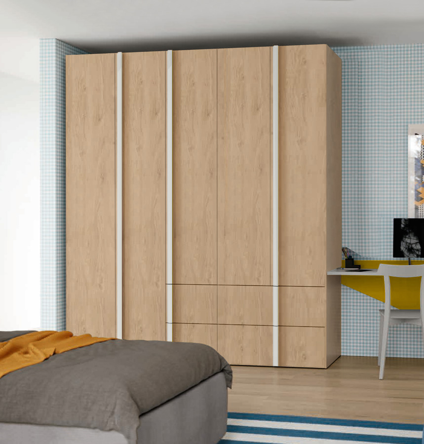 Armadio Royal oak e Bianco opaco per camerette, 5 ante e 4 cassetti