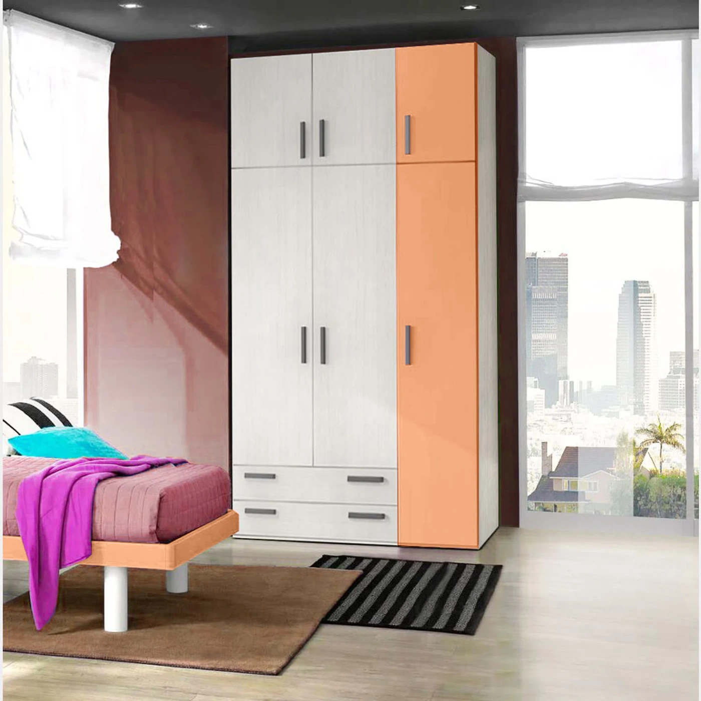 Armadio moderno L.151 a 6 ante e 2 cassetti H.257, finitura Rovere bianco e Papaya