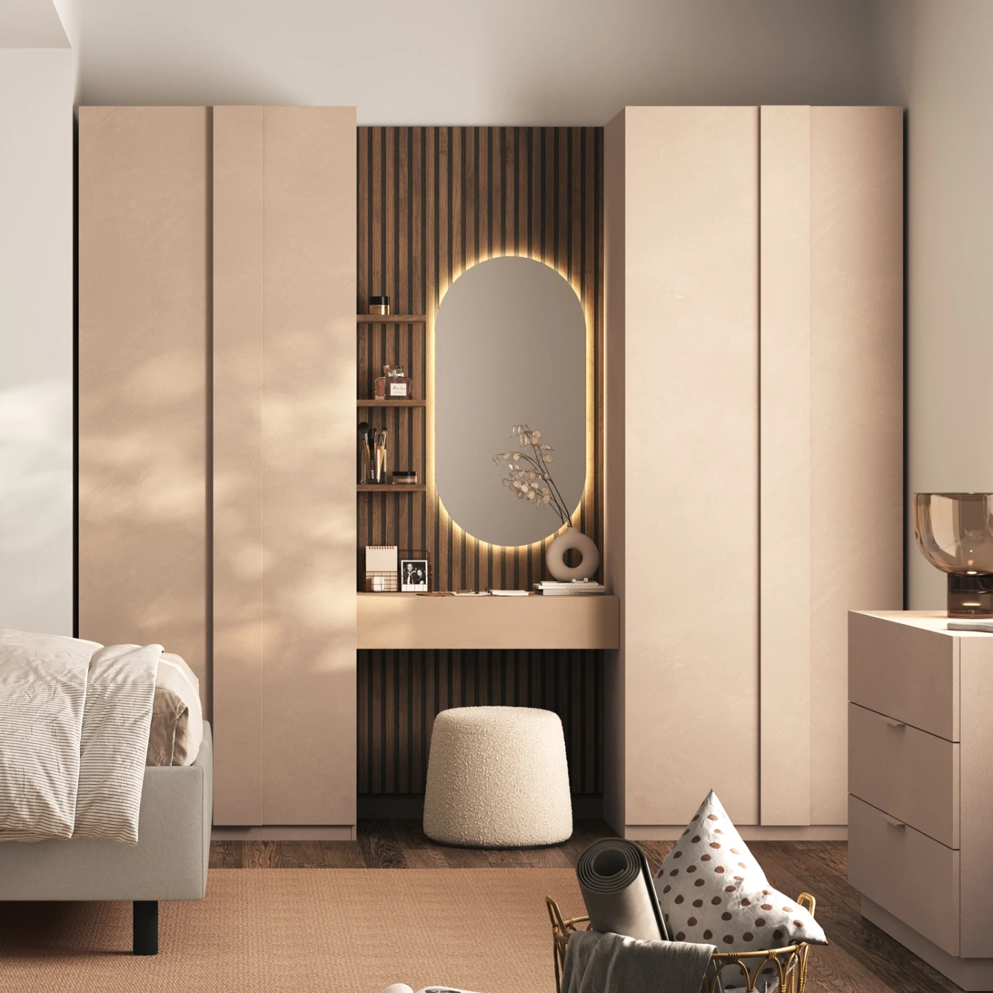 Armadio 4 ante con zona make-up, Cashmere e Mercure cannettato