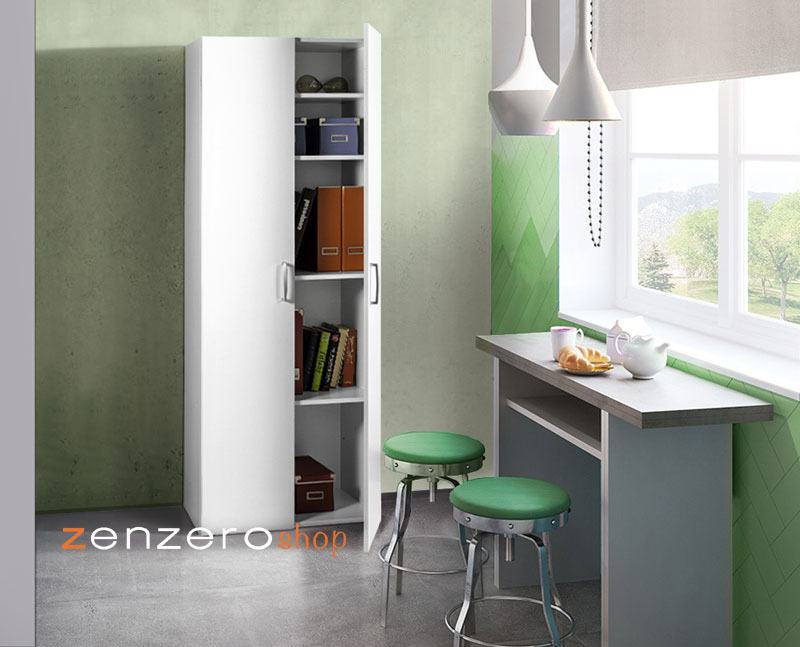 Armadio multiuso, 2 ante, 5 ripiani, bianco, made in Italy