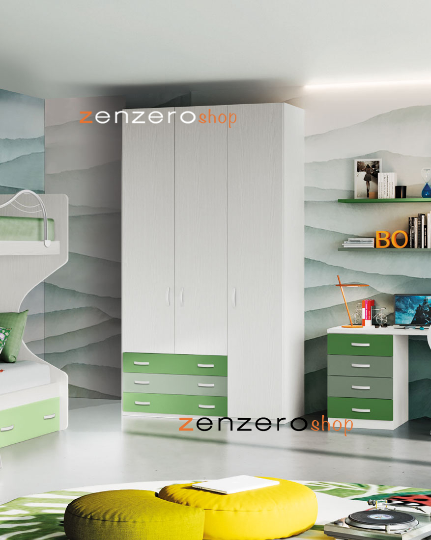 Armadio per camerette a 3 ante e 3 cassetti, finitura Giada, Salvia e Frassino