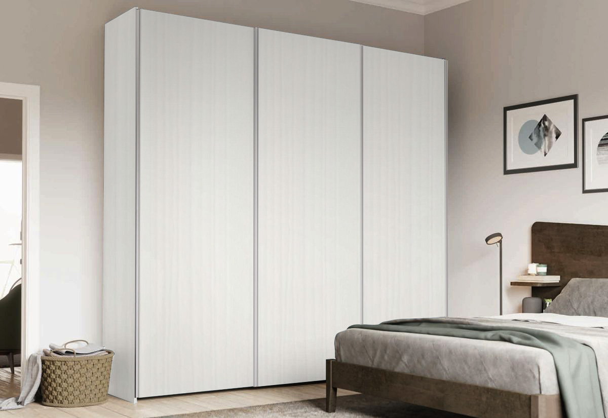 Armadio scorrevole a 3 ante H.257 L.267.5, color Rovere Bianco