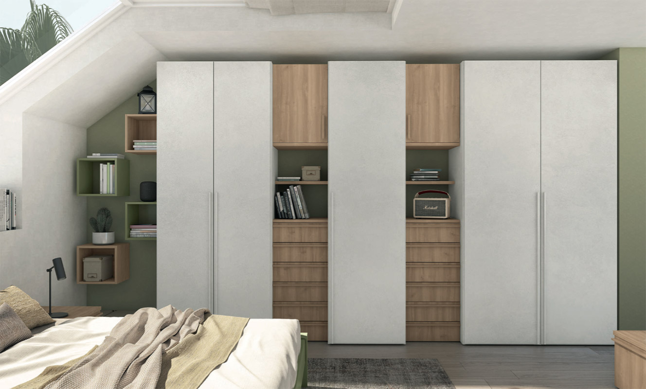 Armadio a 5 ante battenti e cassetti in finitura Royal Oak e Cemento artico 