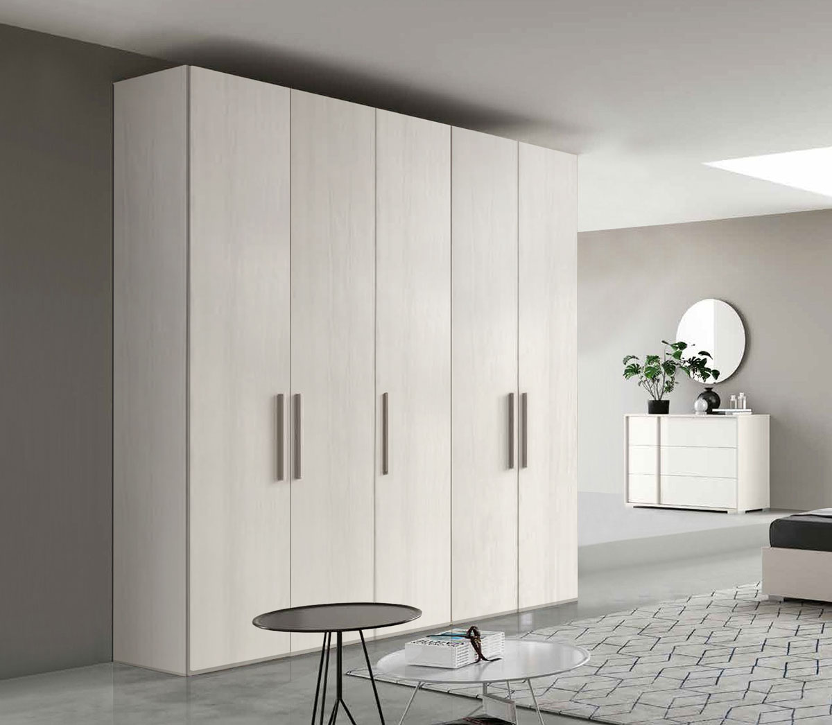 Armadio moderno 5 ante battenti, finitura larice bianco