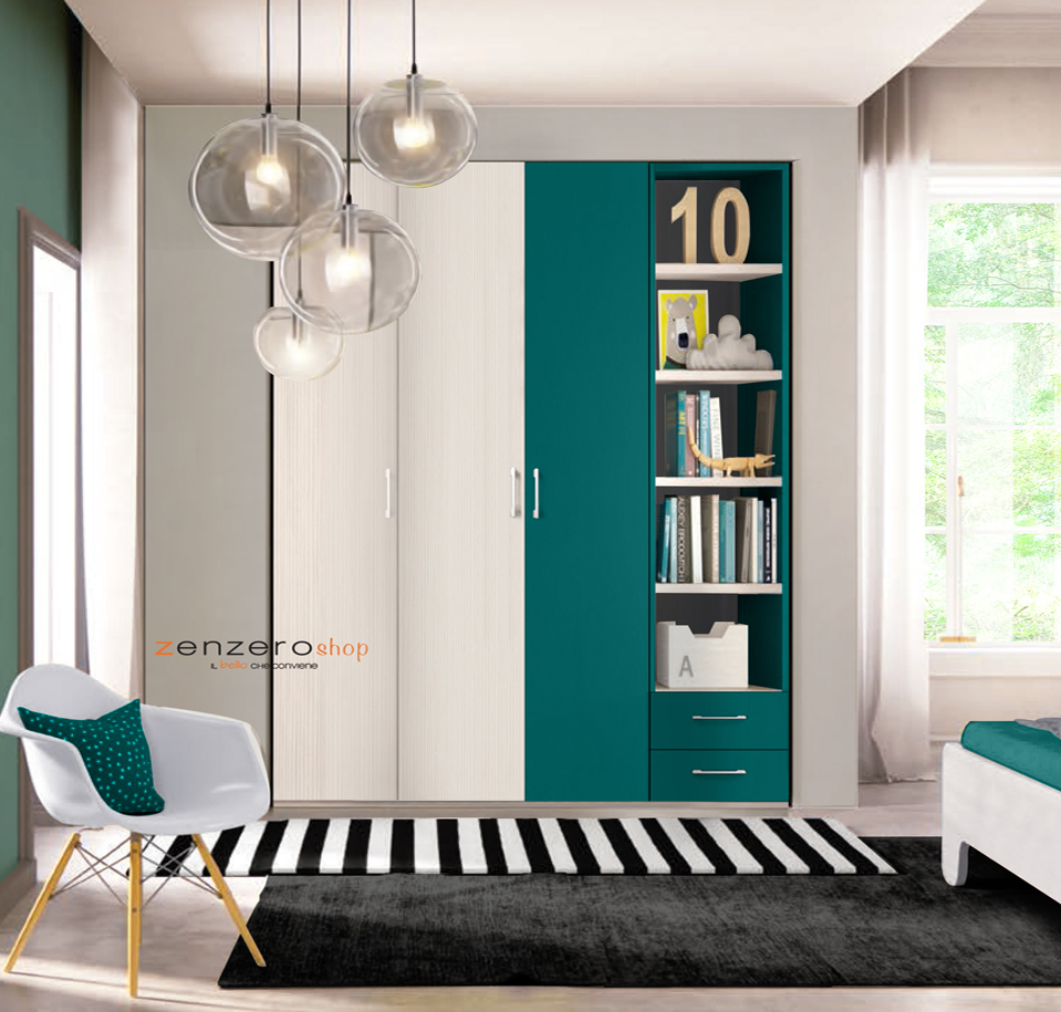 Armadio H.195 con 3 ante battenti, 2 cassetti e libreria in finitura Petrolio LACCATO e Larice