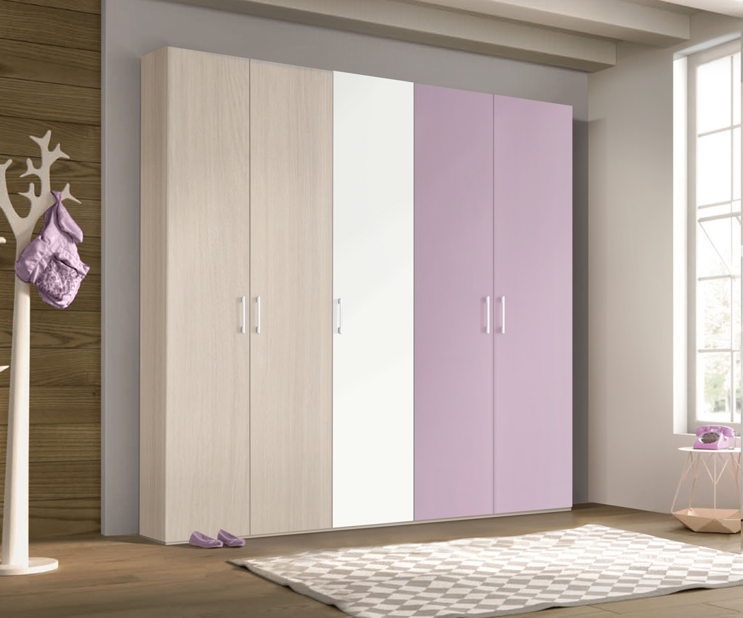 Armadio H.195 con 5 ante battenti in finitura Olmo, Bianco e Malva LACCATO