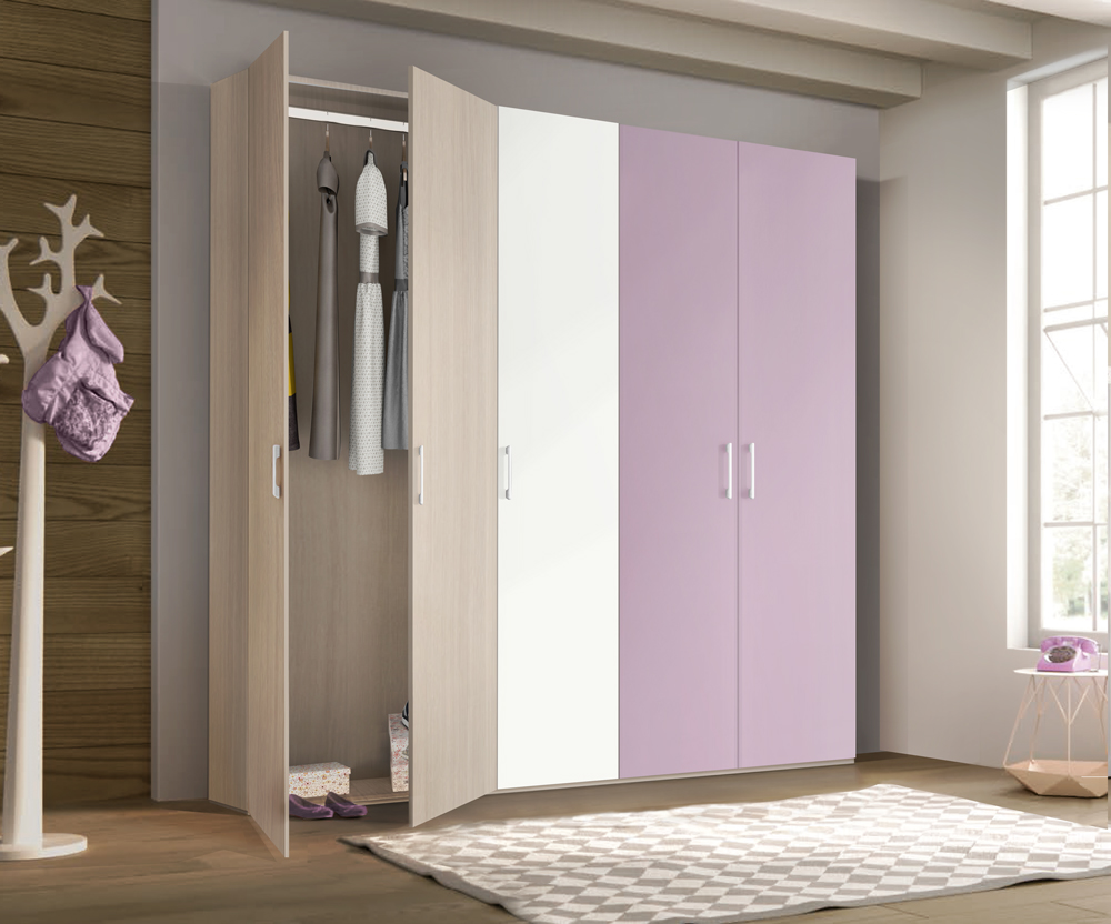 Armadio H.195 con 5 ante battenti in finitura Olmo, Bianco e Malva LACCATO