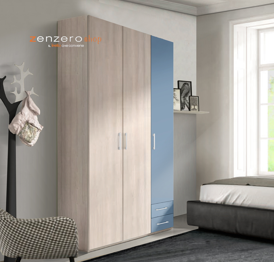 Armadio H.195 da cameretta con 3 ante battenti e 2 cassetti in finitura LACCATO
