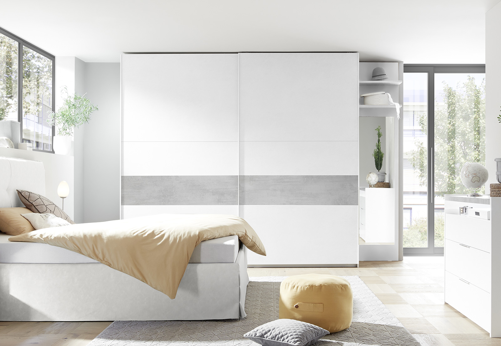 Conveniente Armadio scorrevole moderno, Bianco Opaco con fascia Beton