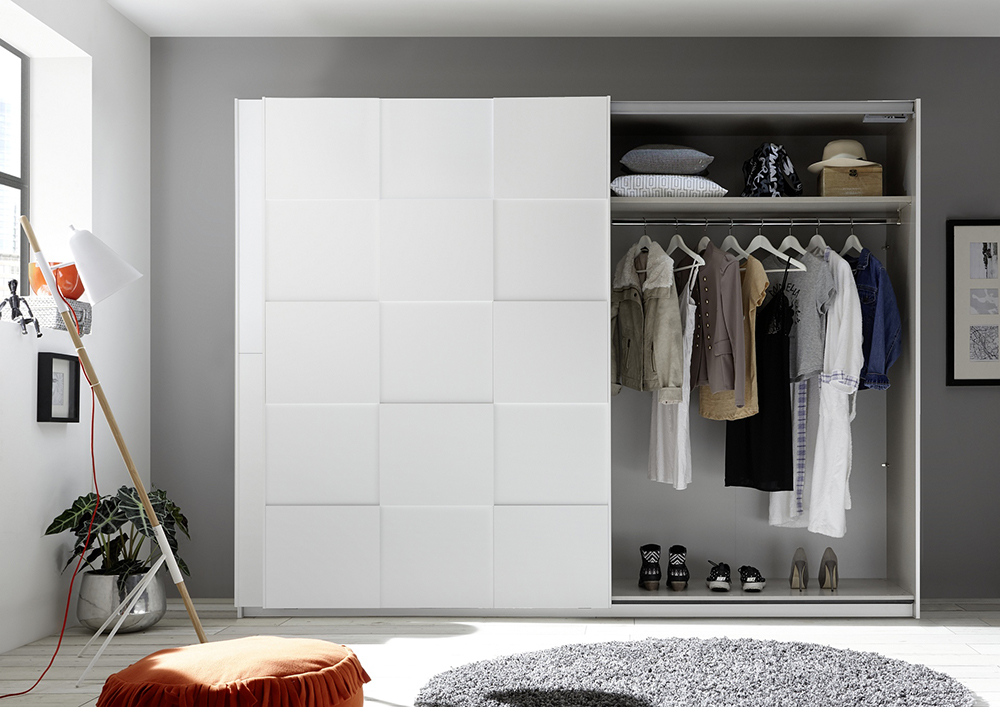 Armadio moderno 2 ante scorrevoli con forme geometriche, 275x210, bianco opaco