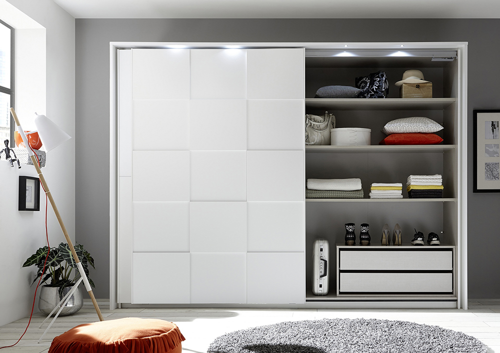 Armadio moderno 2 ante scorrevoli con forme geometriche, 275x210, bianco opaco