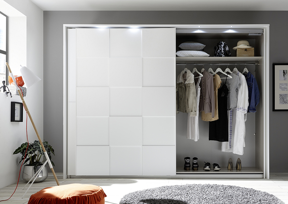 Armadio moderno 2 ante scorrevoli con forme geometriche, 275x210, bianco opaco