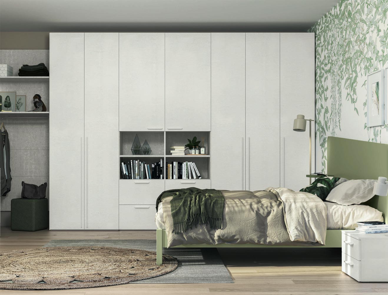 Armadio con 7 ante battenti e 4 cassetti in finitura Rovere bianco